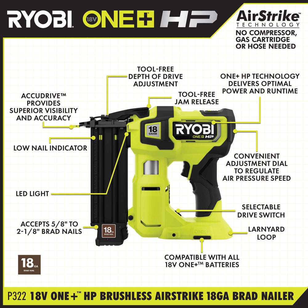 Used - RYOBI ONE+ HP 18V 18-Gauge Brushless Cordless AirStrike Brad Nailer (Tool Only)