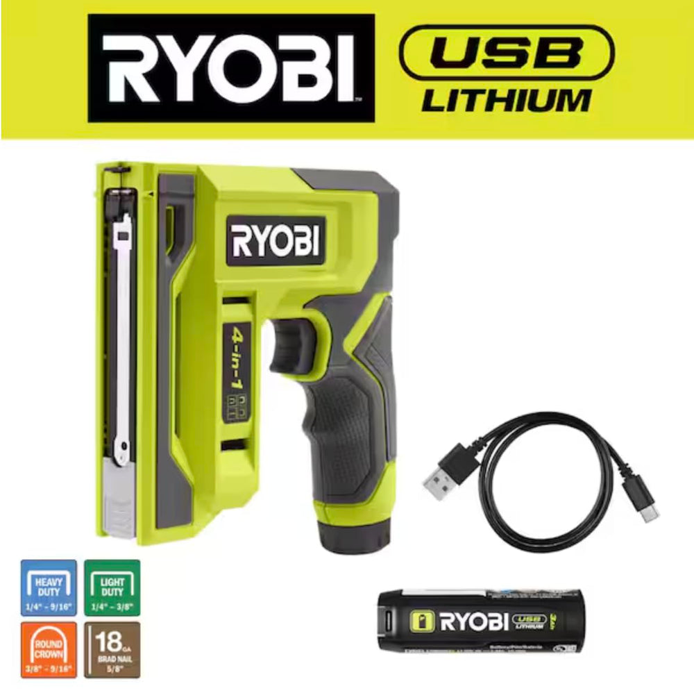 Used - RYOBI USB LITHIUM 4-in-1 Stapler/Nailer Kit with 3.0 Ah Battery and Charging Cable