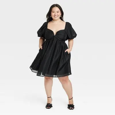 a new day black dress A New Day A New Day Women's Short Balloon Sleeves Sweetheart Neck – Secondipity