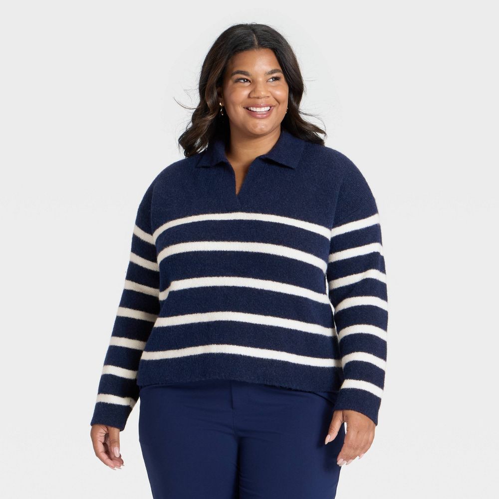 Open Box - Women's Cozy Knit Polo Sweater - A New Day™ Navy Striped 2X