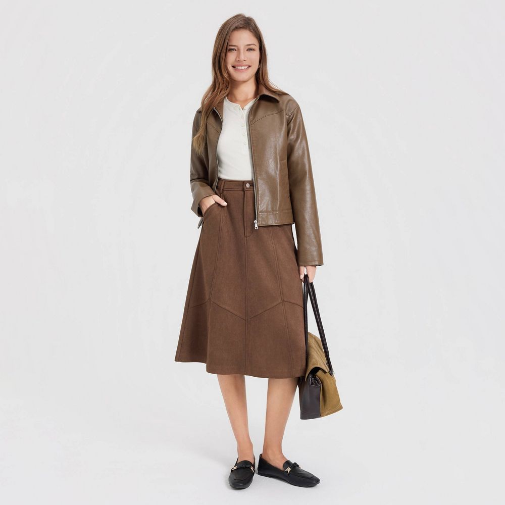 New - Women's Faux Suede Midi A-Line Skirt - Universal Thread™ Brown M