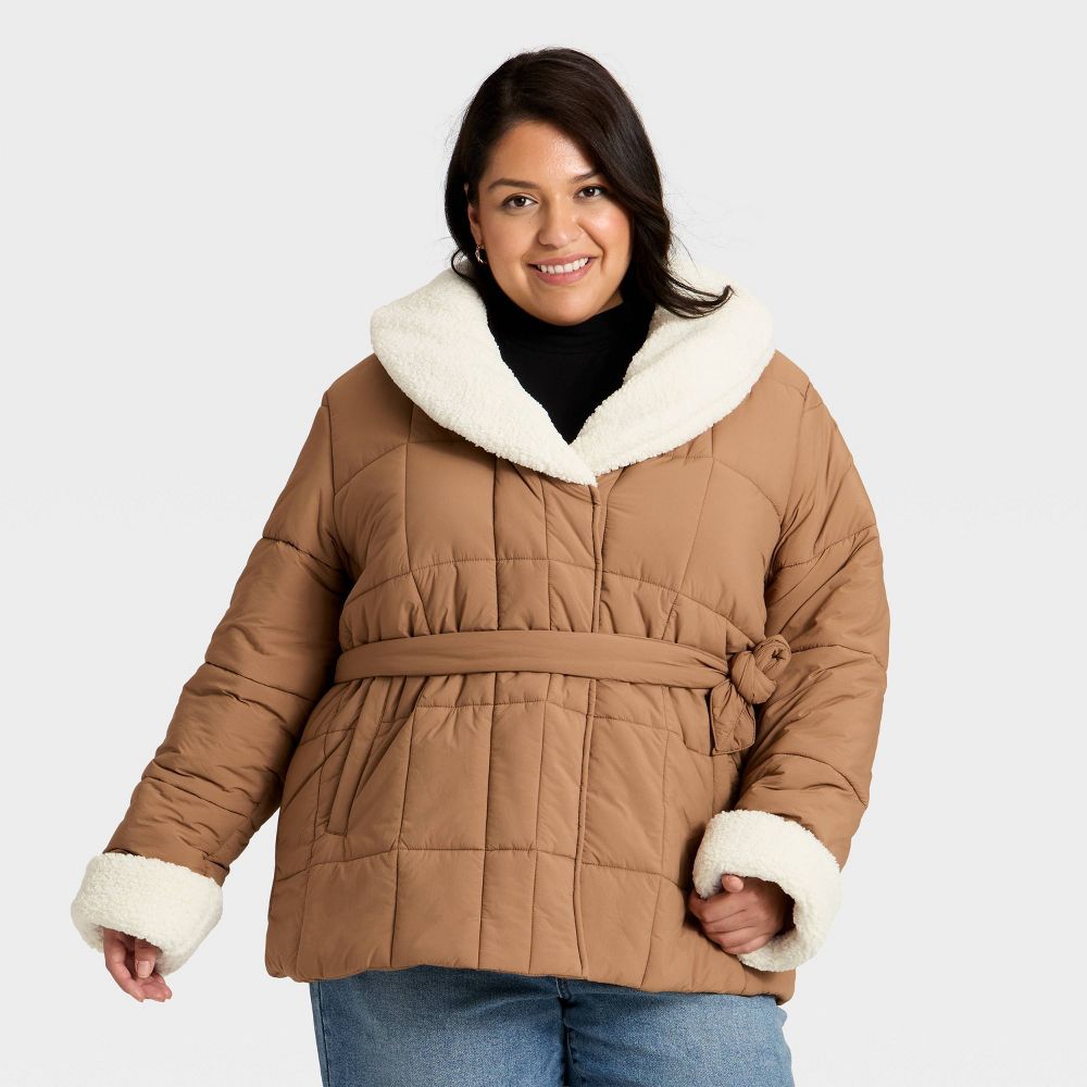 Open Box - Women's Belted Faux Shearling Puffer Jacket - Ava & Viv™ Tan 3X