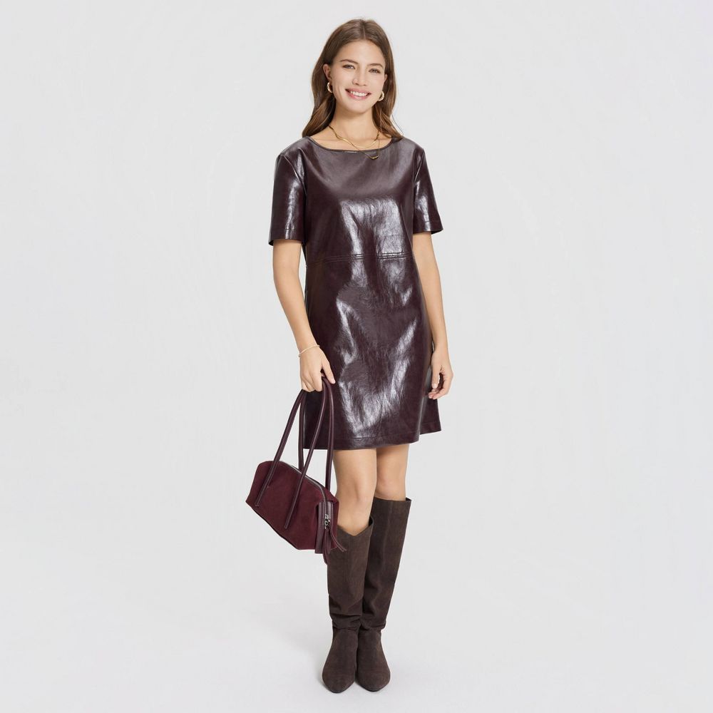 New - Women's Short Sleeve Faux Leather Mini Shift Dress - A New Day™ Burgundy XS