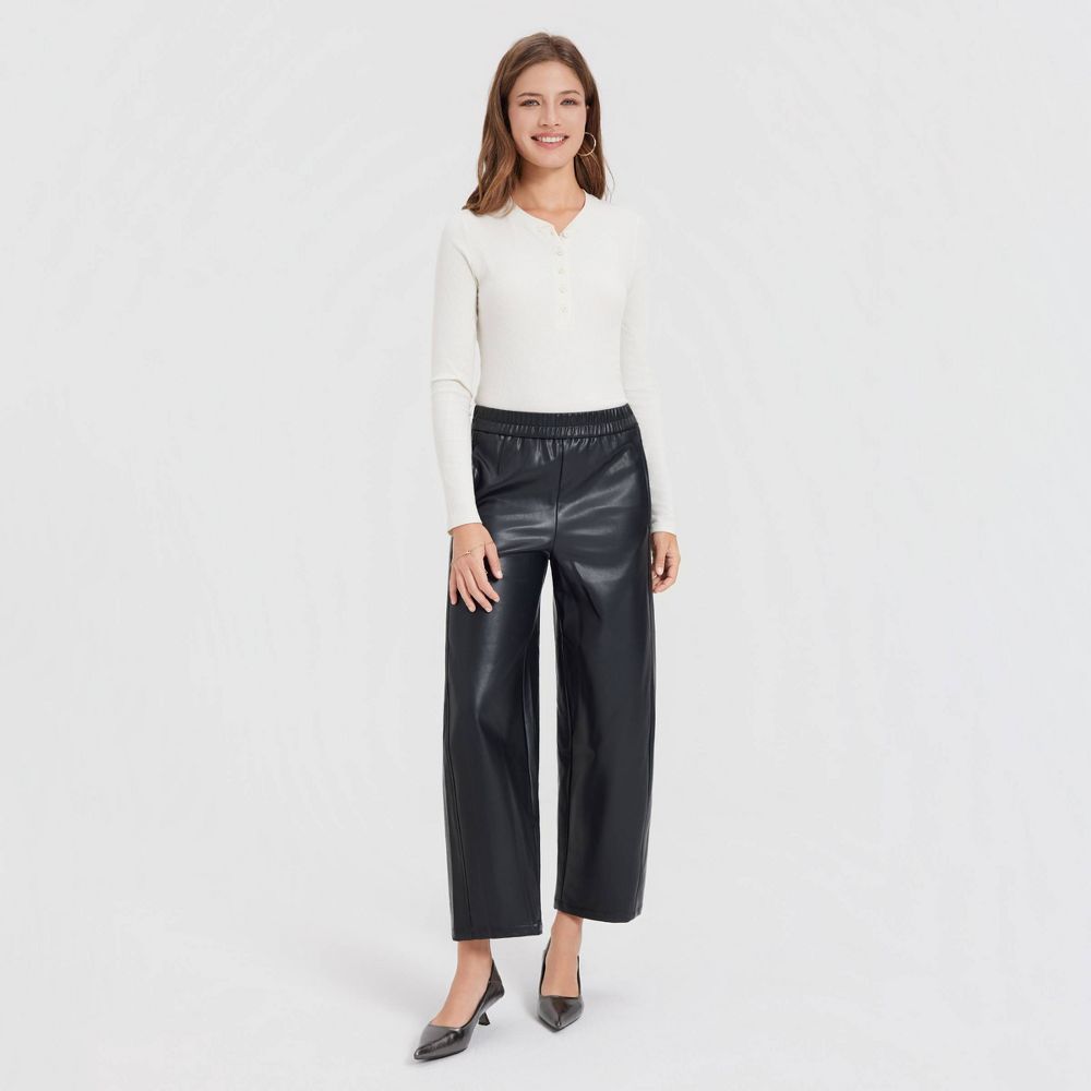 New - Women's Mid-Rise Barrel Leg Faux Leather Pull-On Pants - A New Day™ Black XXL