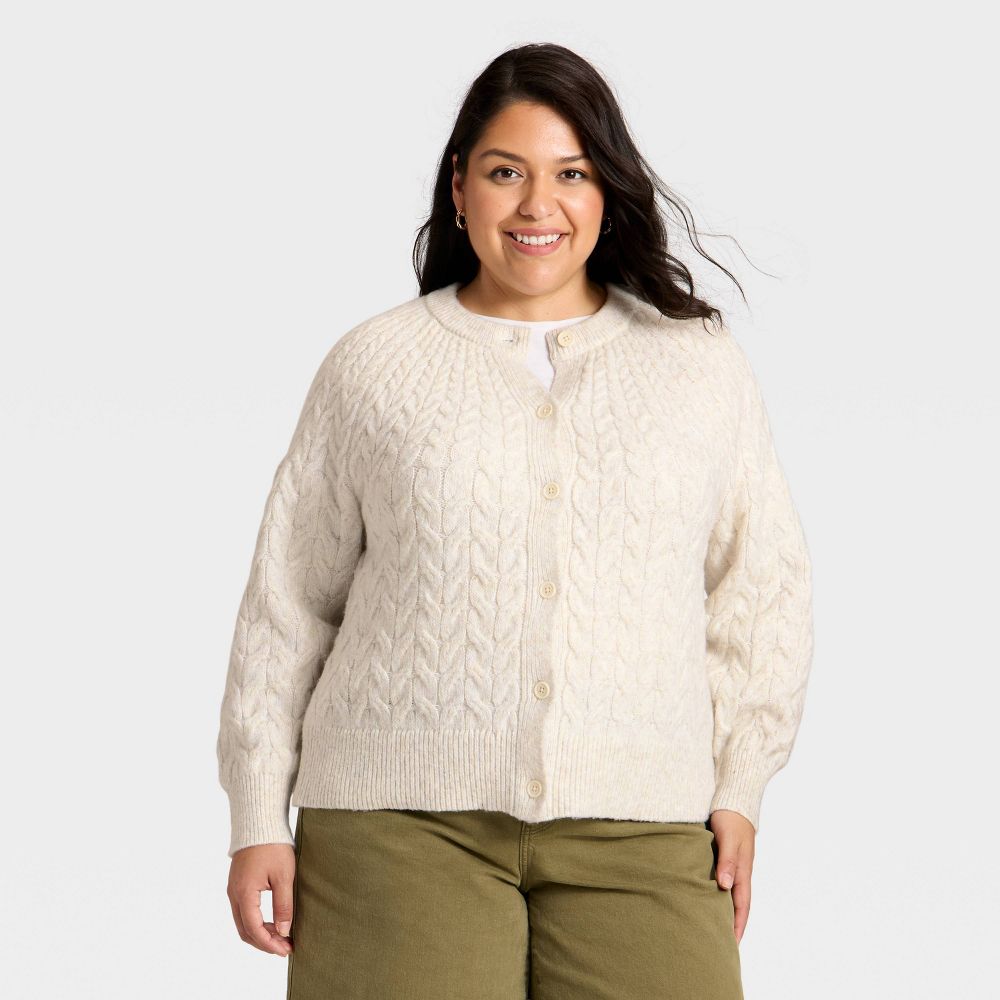 New - Women's Button-Front Cable Knit Cardigan Sweater - Ava & Viv™ Oatmeal 2X