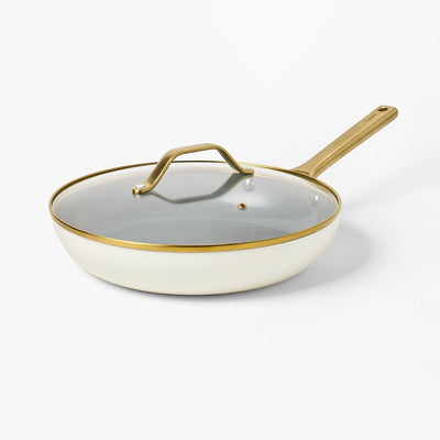 New - 12" Nonstick Ceramic Coated Aluminum Frying Pan with Cover with Champagne Handle Cream - Figmint™