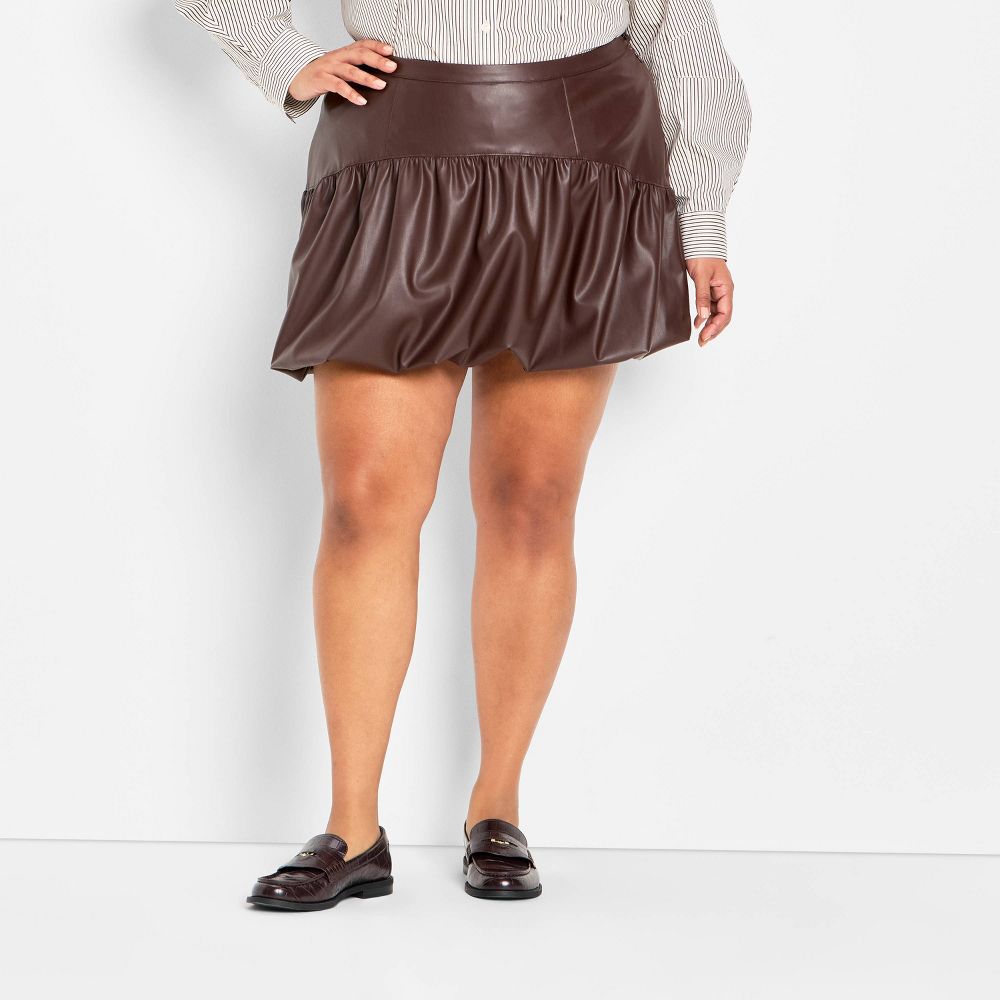New - Women's Drop Waist Faux Leather Bubble Mini A-Line Skirt - Future Collective Brown XXL