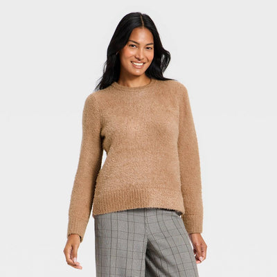 New - Women's Fuzzy Pullover Sweater - A New Day™ Brown S