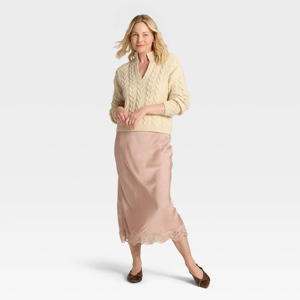 Open Box - Women's Long Sleeve Split Neck Cable Pullover Sweater - A New Day™ Cream L