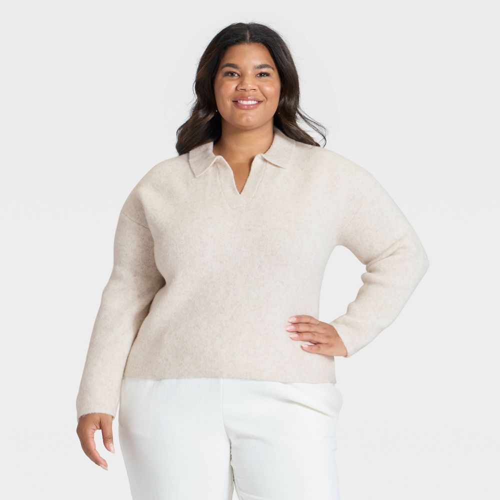 New - Women's Long Sleeve Polo Collar Cozy Knit Polo Sweater - A New Day™ Oatmeal 3X