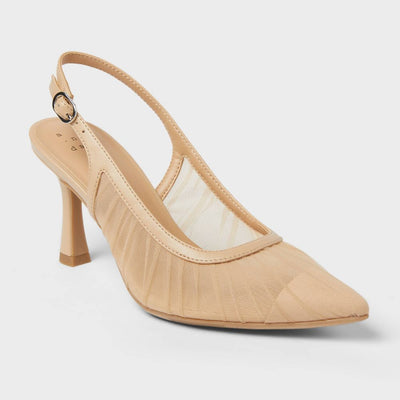 New - Women’s Abigail Pleated Mesh Sling Back Heels – A New Day™ Tan 9.5
