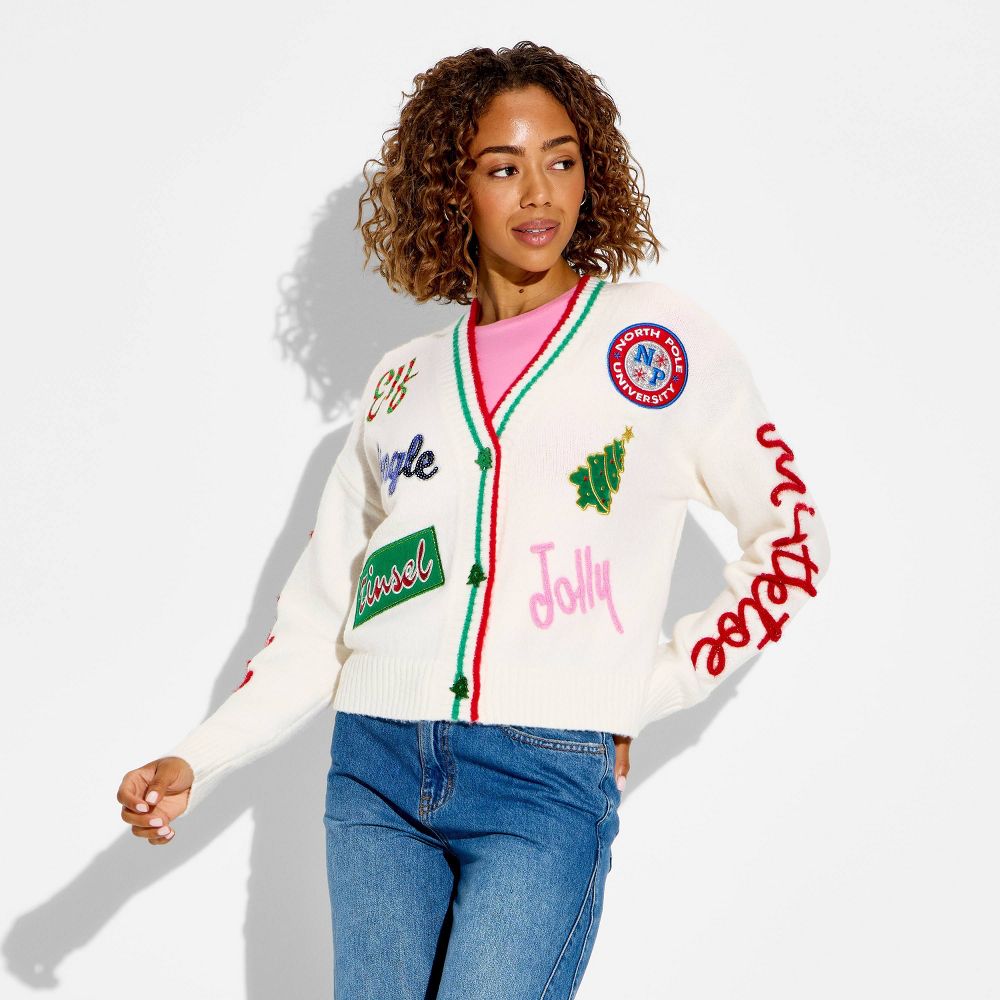 New - Women's Holiday Patchwork Festive Graphic Cardigan - Cream XXL