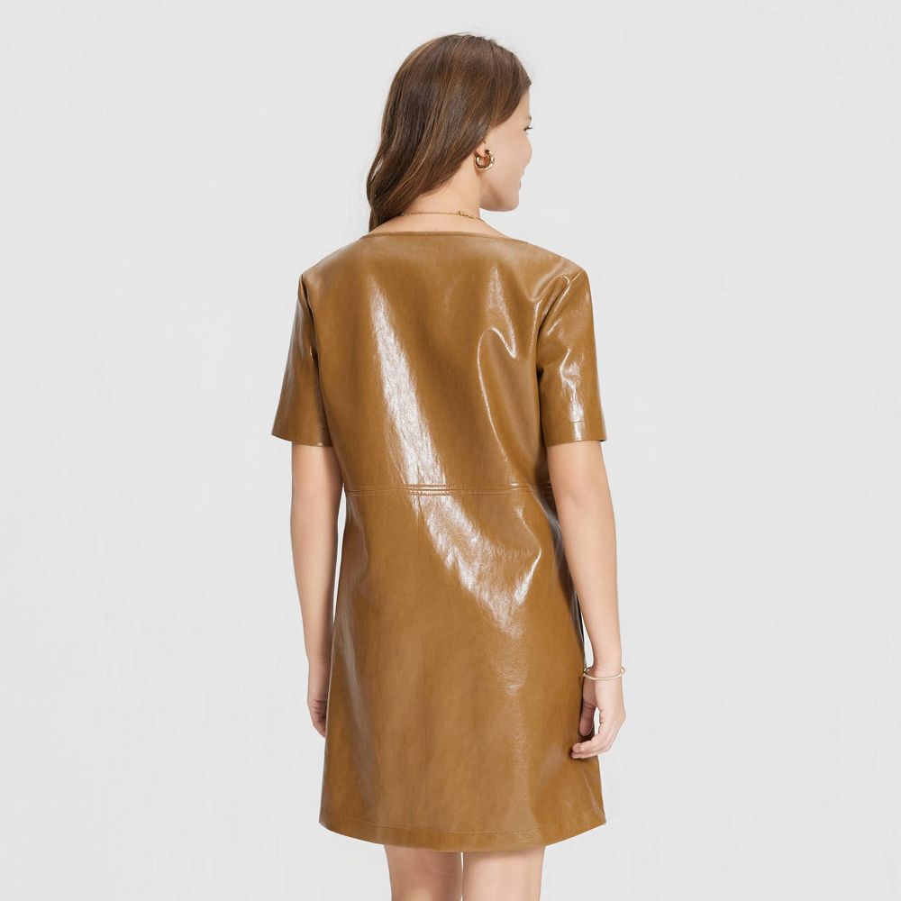 New - Women's Short Sleeve Faux Leather Mini Shift Dress - A New Day™ Caramel S