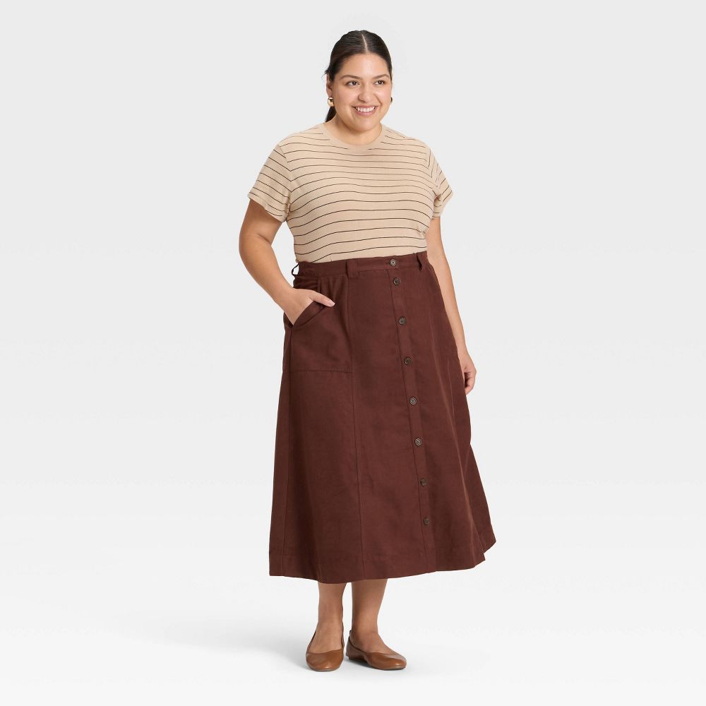 New - Women's Faux Suede Midi A-Line Skirt - Universal Thread™ Brown 30