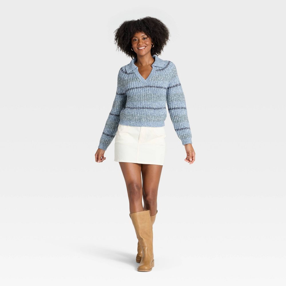 New - Women's Chunky Polo Collar Pullover Sweater - Universal Thread™ Blue Striped L