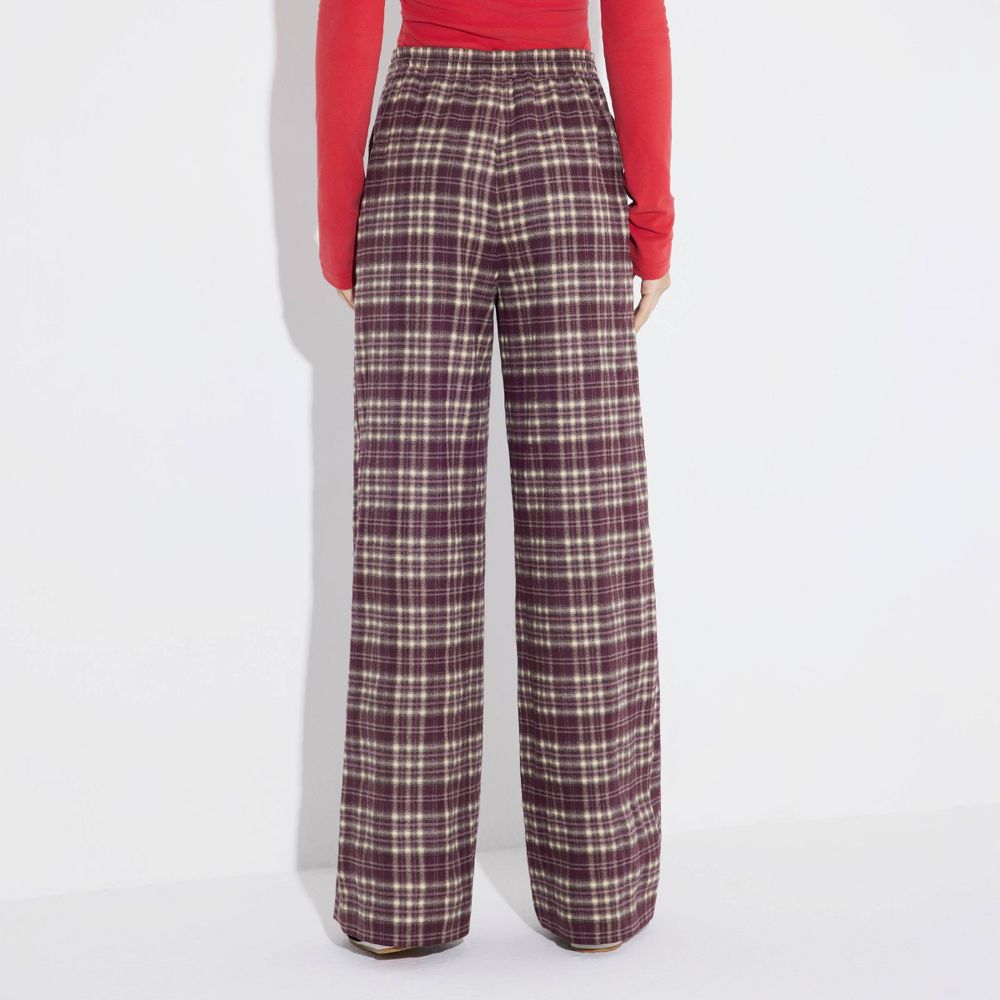 New - Women's Mid-Rise Wide Leg Pull-On Pants - Wild Fable™ Burgundy/Cream Plaid M
