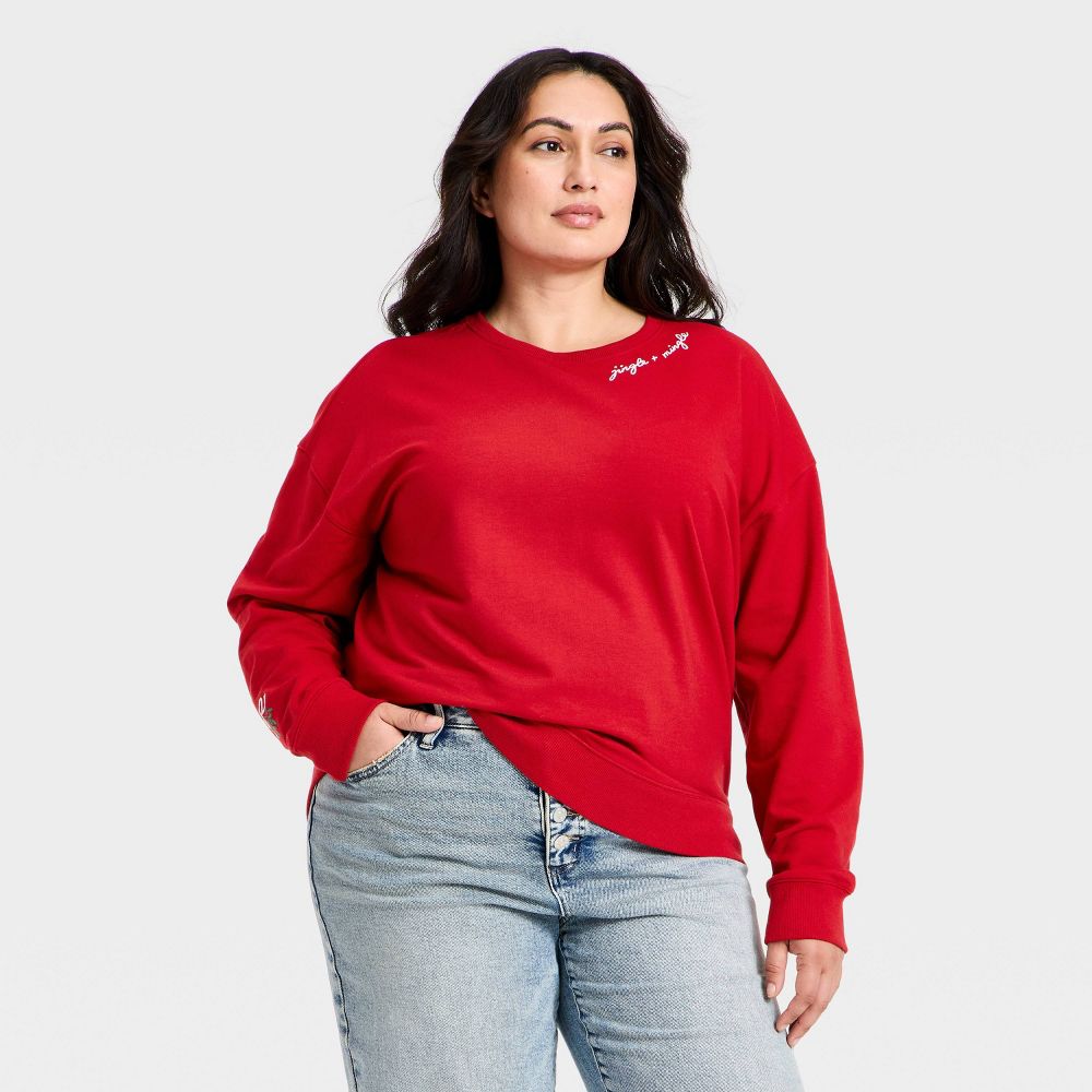 New - Women's Holiday French Terry Rib-Knit Sweatshirt - Ava & Viv™ Red 2X
