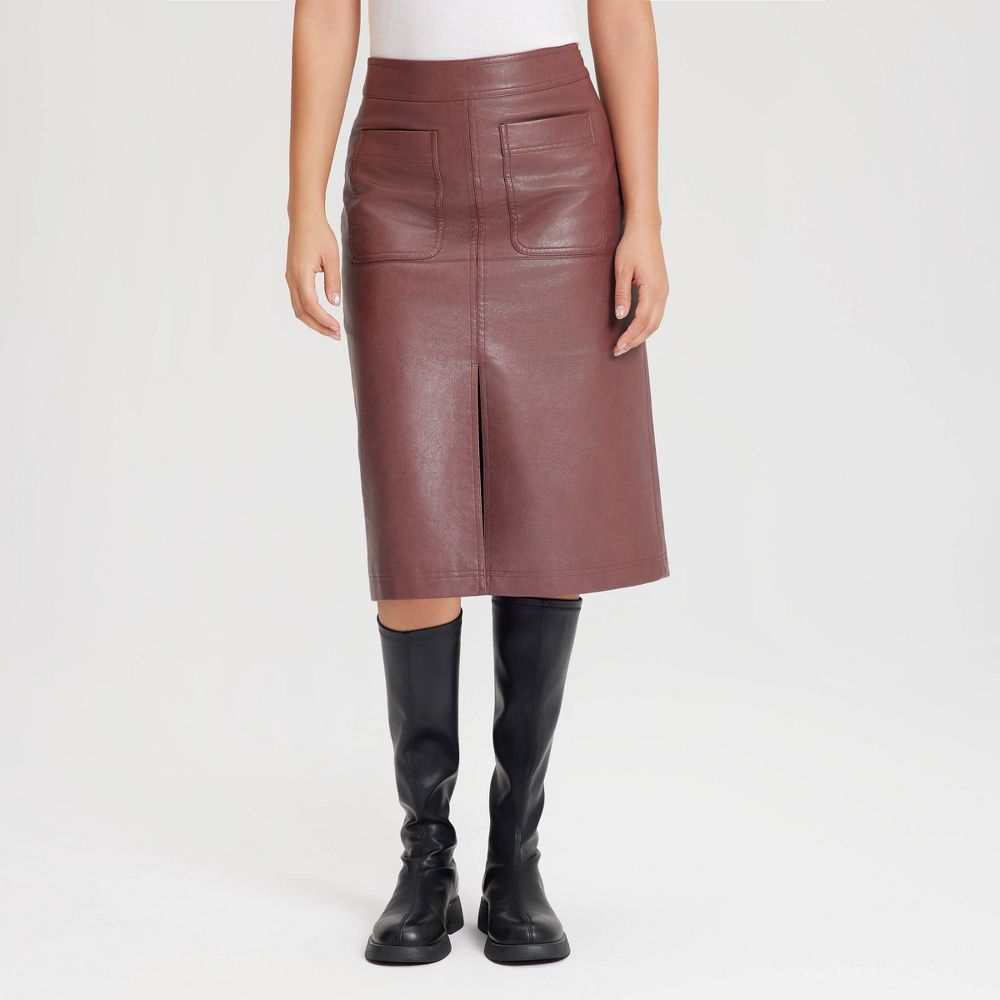 New - Women's Faux Leather Midi A-Line Skirt - Universal Thread™ Red 2