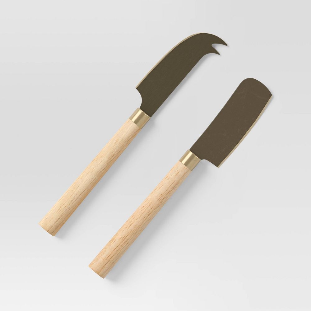 Open Box - 3pc 19.35"x8" Rubberwood Rectangle Serving Board with Brass Cheese Tools Brown - Threshold™: Charcuterie Platter Set
