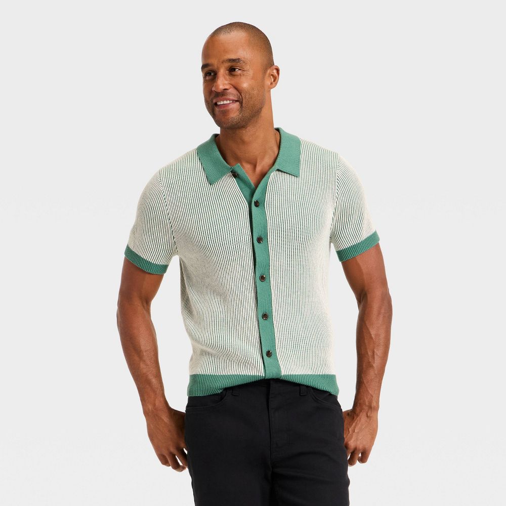 New - Men's Short Sleeve Full Button Sweater - Goodfellow & Co™ Cream/Green S