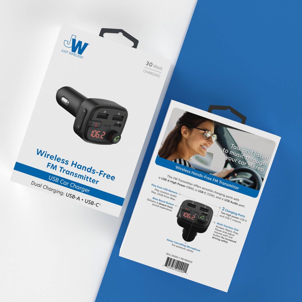New - Just Wireless Bluetooth FM Transmitter Type C and USB-A Charging Port Bass Sound Booster - Black