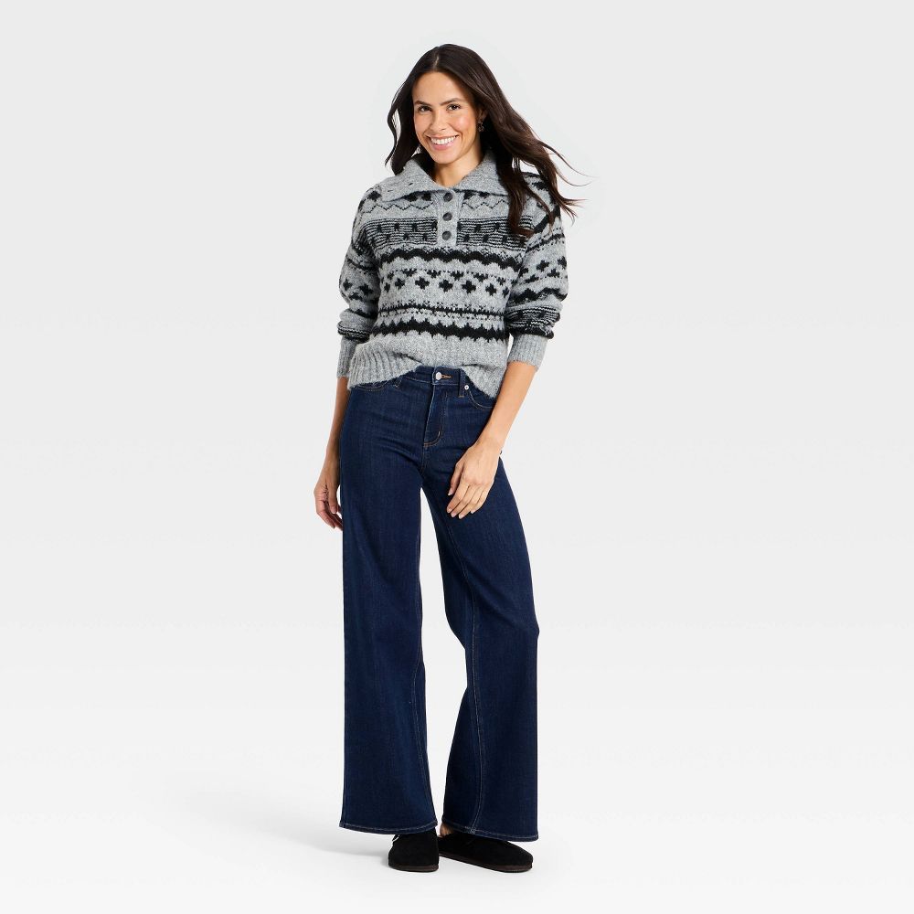 New - Women's Fairisle Henley Shawl Sweater - Universal Thread™ Dark Gray S