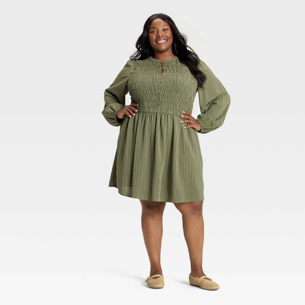 New - Women's Bishop Long Sleeve Button-Up Smocked Mini Dress - Ava & Viv™ Olive Green Pinstripe 3X