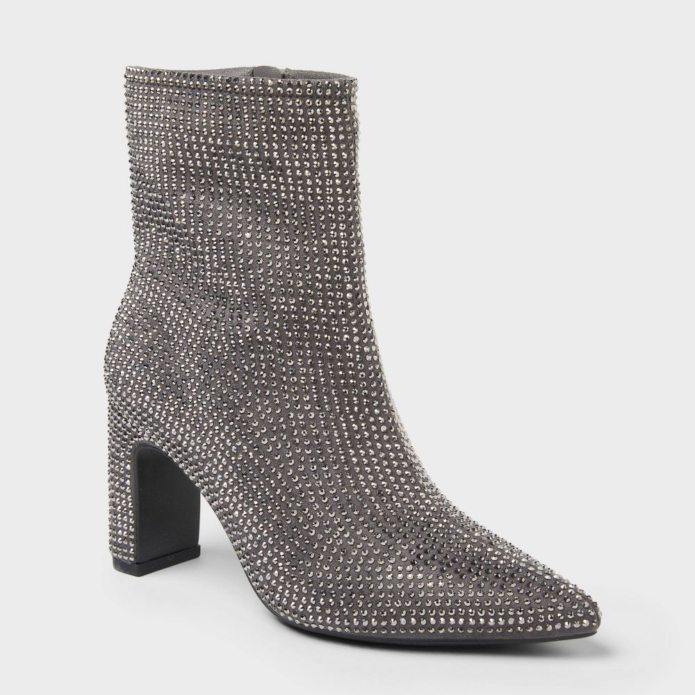 Open Box - Women’s Gloria Low Shaft Heeled Rhinestones Boots with Memory Foam Insole - A New Day™ Silver 7.5