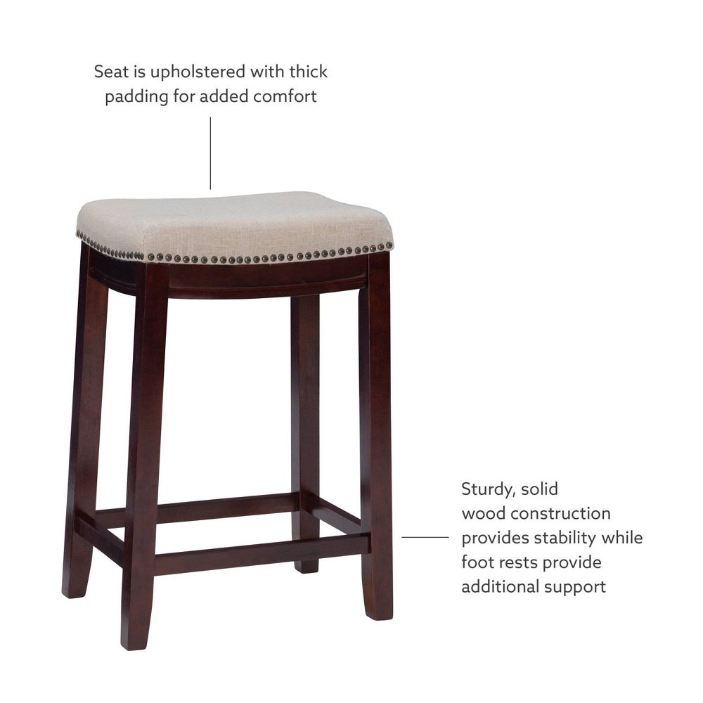 New - Claridge Backless Nailhead Saddle Counter Height Barstool Linen - Linon: Chic Beige, Rubberwood Frame