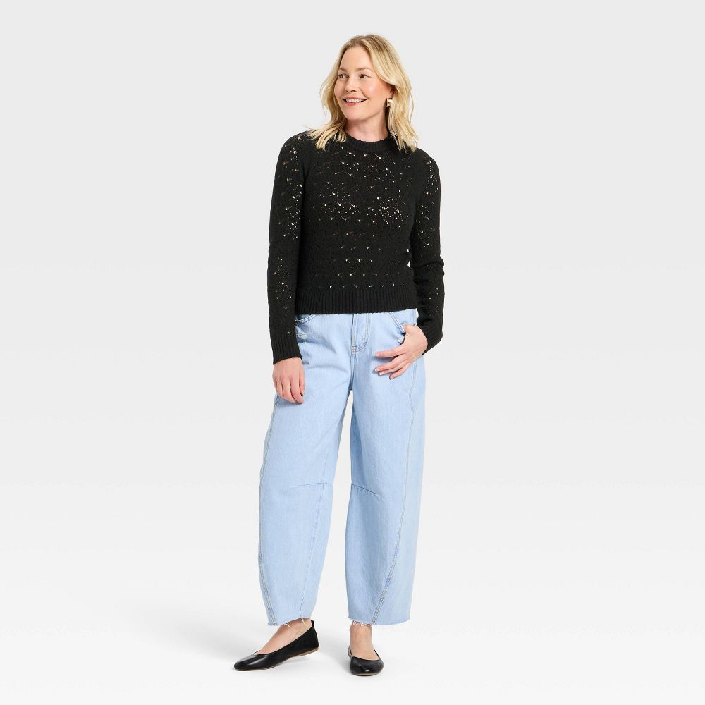 New - Women's Lace Crewneck Pullover Sweater - Universal Thread™ Black L