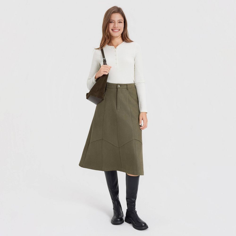 New - Women's Faux Suede Knit Midi A-Line Skirt - Universal Thread™ Olive Green M