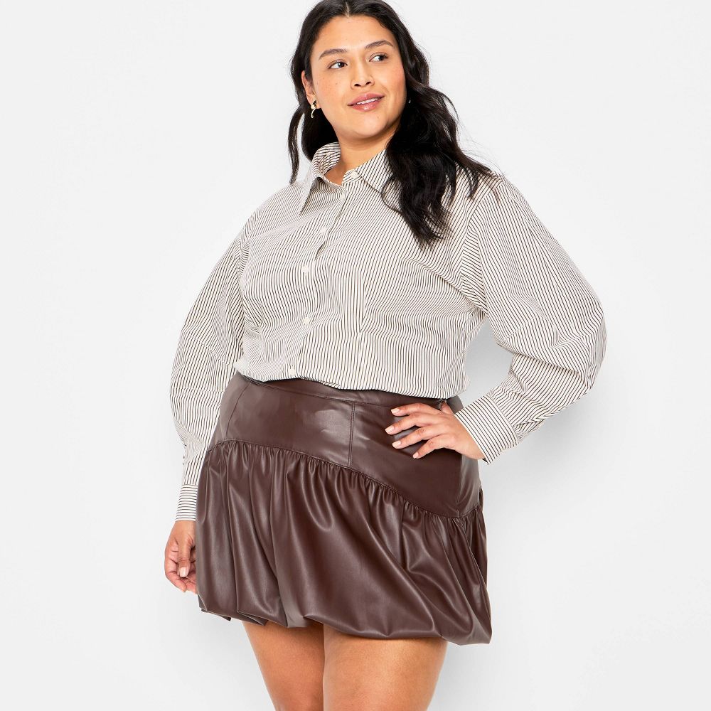 New - Women's Drop Waist Faux Leather Bubble Mini A-Line Skirt - Future Collective Brown XXL
