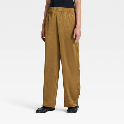 Open Box - Women's Crinkled Satin Pull-On Pants - A New Day™ Brown M