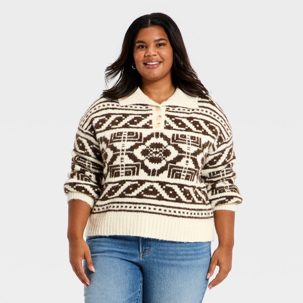 New - Women's Fairisle Henley Shawl Sweater - Universal Thread™ Brown 2X