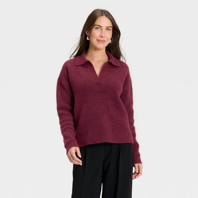 Open Box - Women's Cozy Knit Polo Sweater - A New Day™ Burgundy M