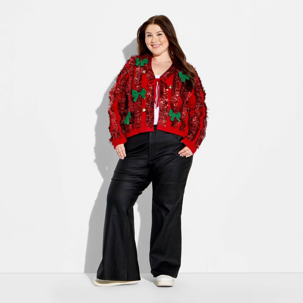 New - Women's Tinsel Festive Graphic Cardigan - Red 1X