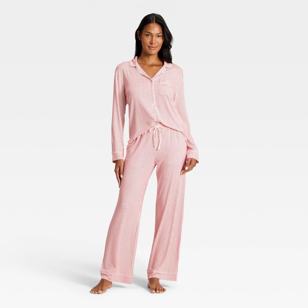 New - Women's Cloud Knit Modal Long Sleeve Notch Collar Top and Pants Pajama Set - Auden™ Red & White Stripe XXL