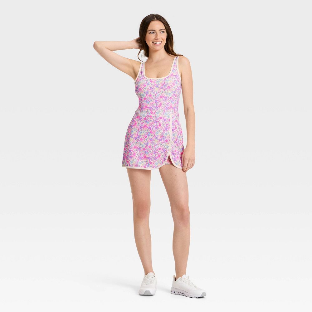 New - Women's Knit Piped Wrap Active Dress - JoyLab™ Pink Floral XS