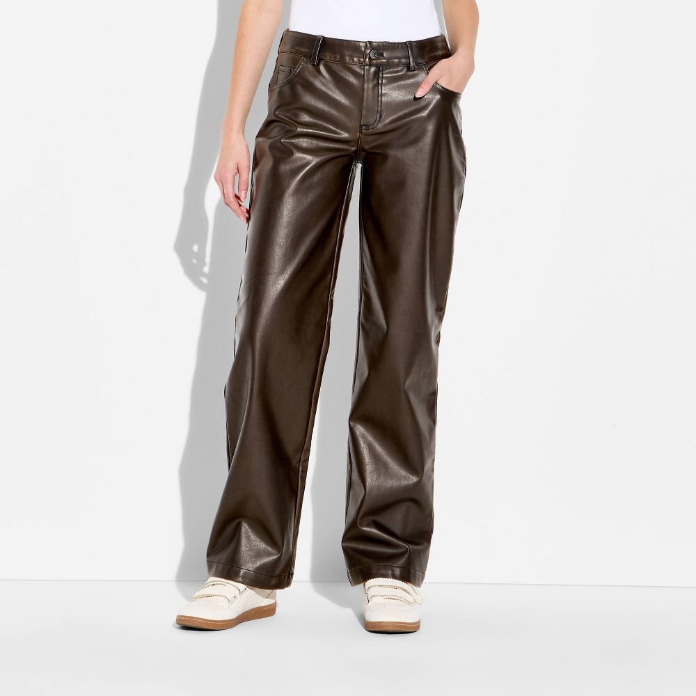 New - Women's Straight Leg Faux Leather Pants - Wild Fable™ Brown 8