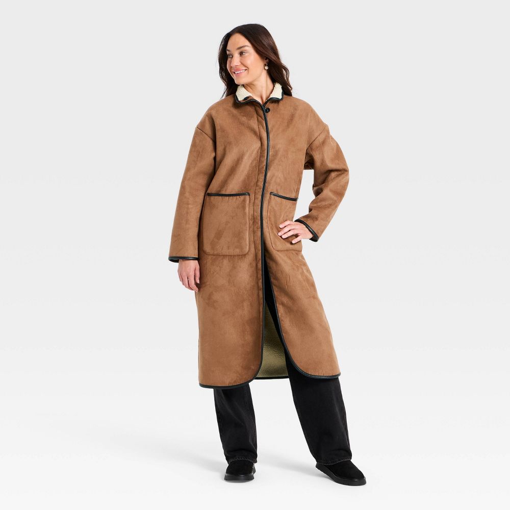 New - Women's Faux Suede Long Coat - Universal Thread™ Tan L