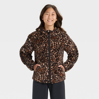 New - Girls' High Pile Fleece Full Zip Jacket - All In Motion™ Brown L