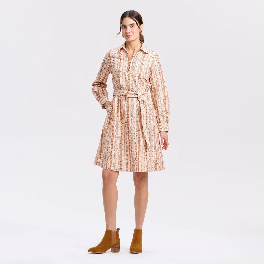 New - Women's Bishop Long Sleeve Poplin Mini Shirtdress - Universal Thread™ Beige Striped XL