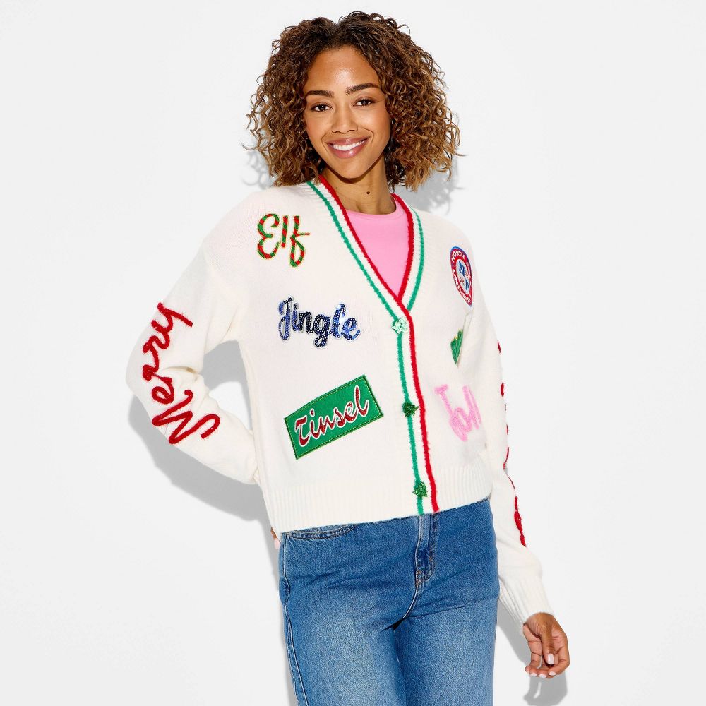 New - Women's Holiday Patchwork Festive Graphic Cardigan - Cream XL