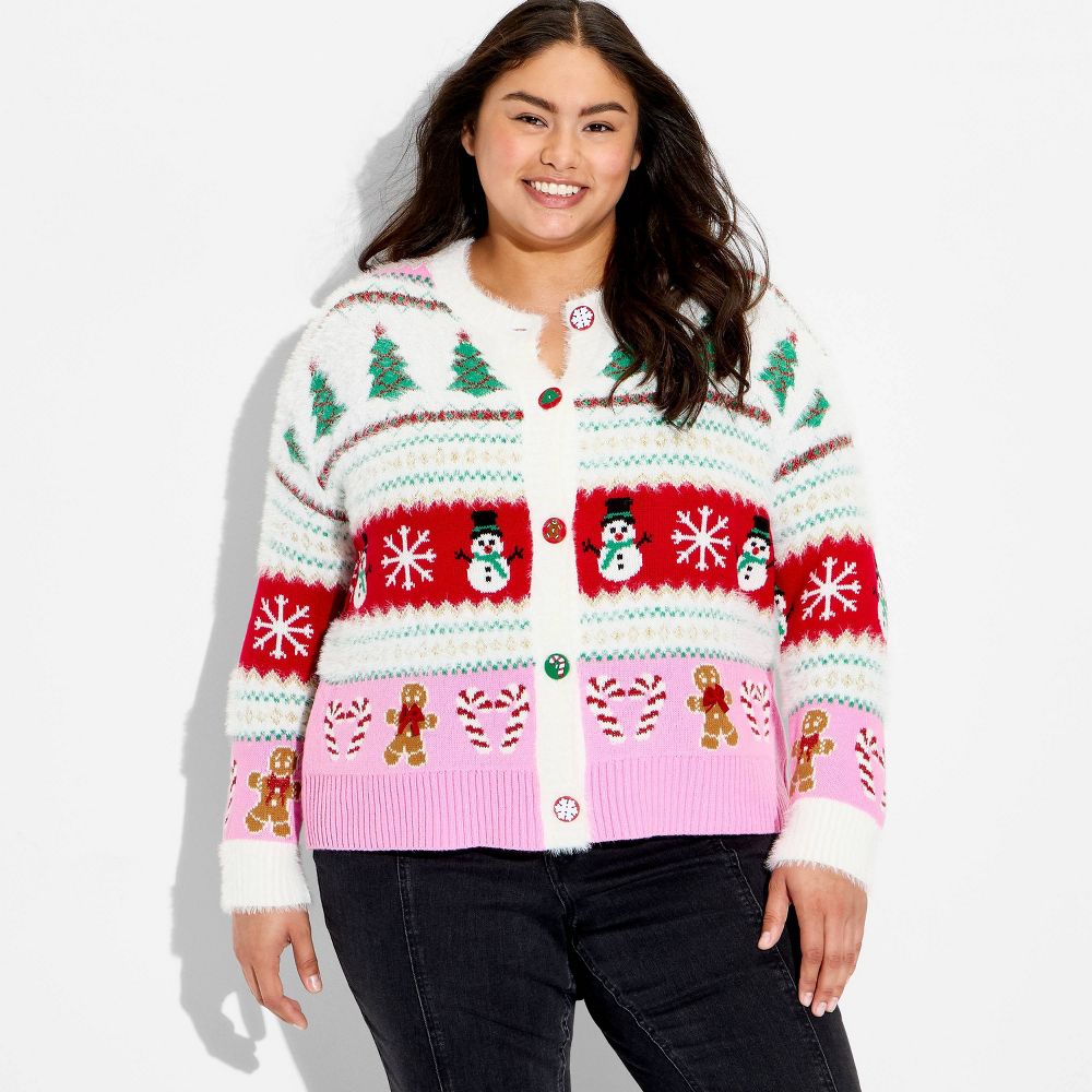 Open Box - Women's Holiday Icons Festive Graphic Cardigan - Cream 3X