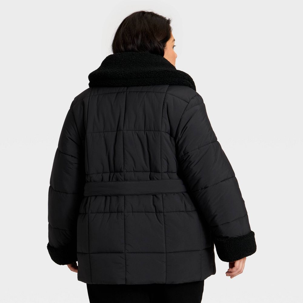 Open Box - Women's Belted Faux Shearling Puffer Jacket - Ava & Viv™ Black 1X