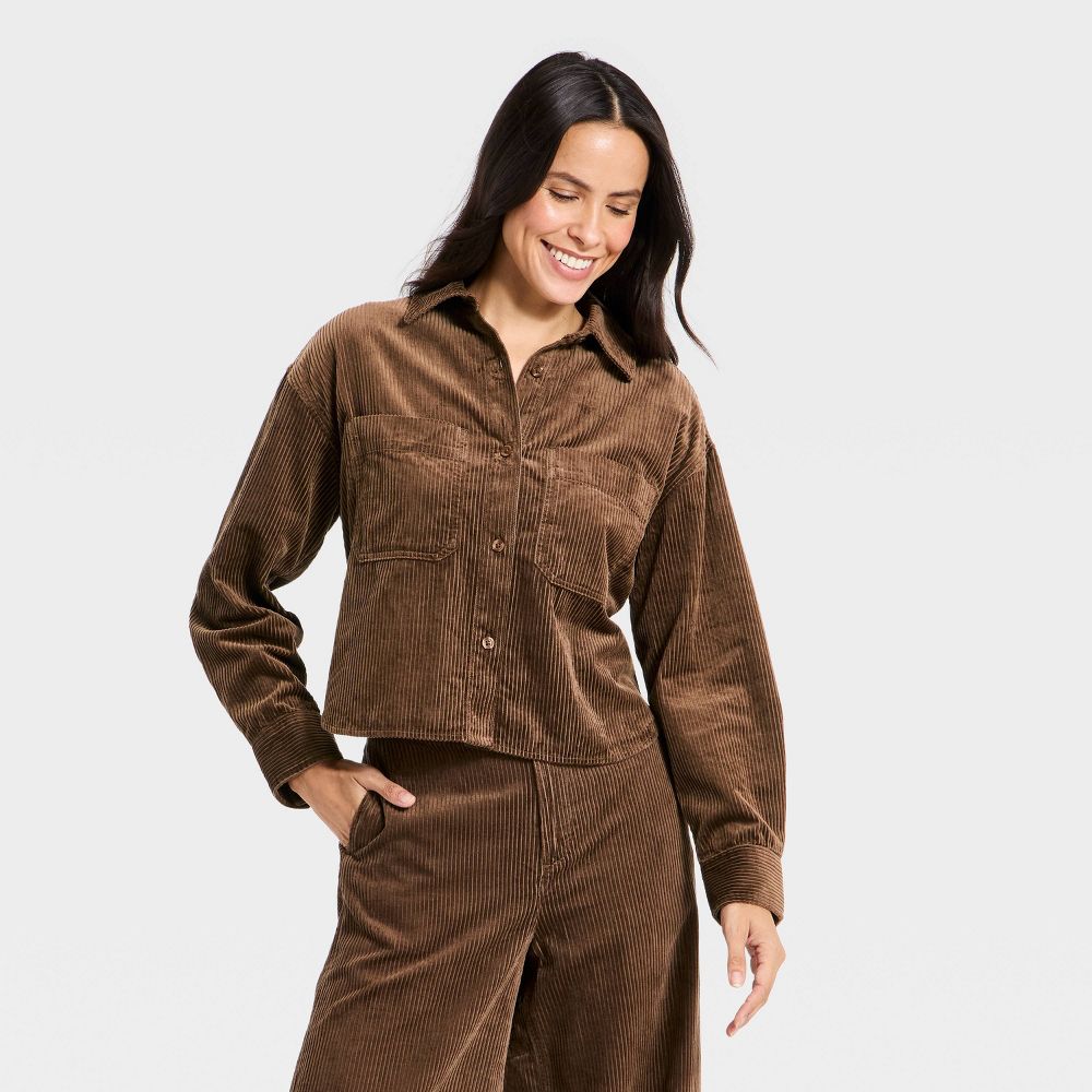 New - Women's Long Sleeve Cropped Corduroy Collared Neck Button-Down Shirt - Universal Thread™ Brown XL