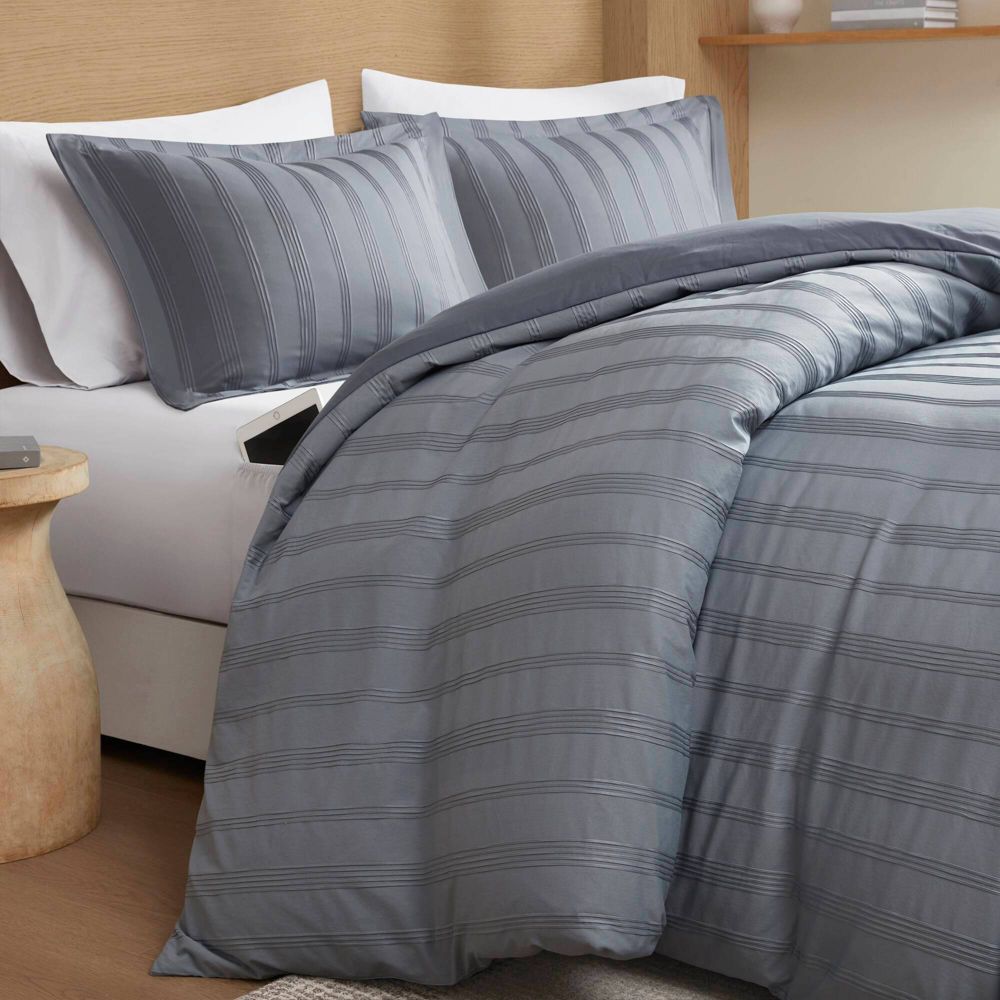New - 510 Design Queen Logan Woven Striped Duvet Cover Set Blue