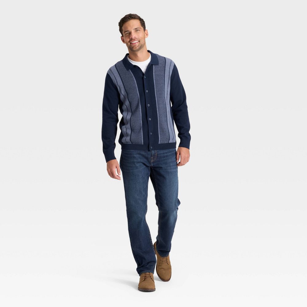 New - Men's Long Sleeve Jacquard Full Button Polo Sweater - Goodfellow & Co™ Blue S
