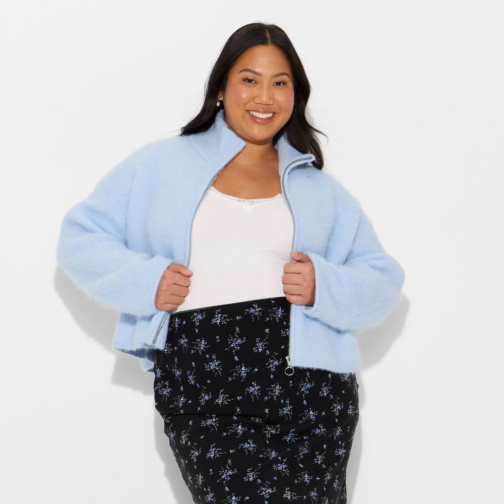 New - Women's Full Zip Mock Turtleneck Cardigan - Wild Fable™ Light Blue XXL