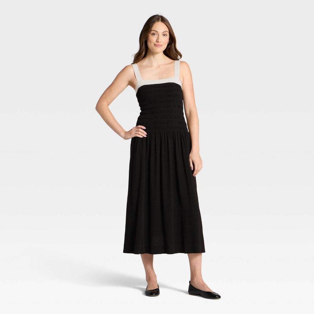 New - Women's Smocked Midi A-Line Dress - Universal Thread™ Black M